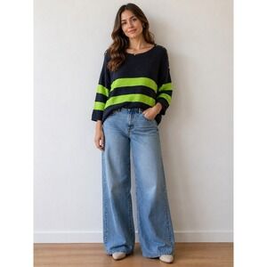 Gap Womens Navy Lime Green Striped Cashmere Blend Button Shoulder Sweater Small